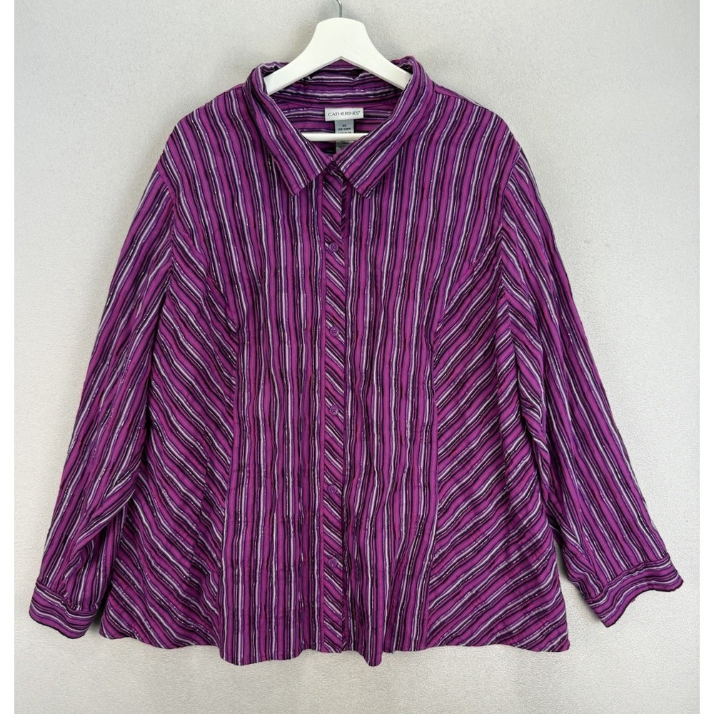 Catherines Women's Plus Sz 3X Purple Silver Metallic Stripe L/S Button Up Shirt